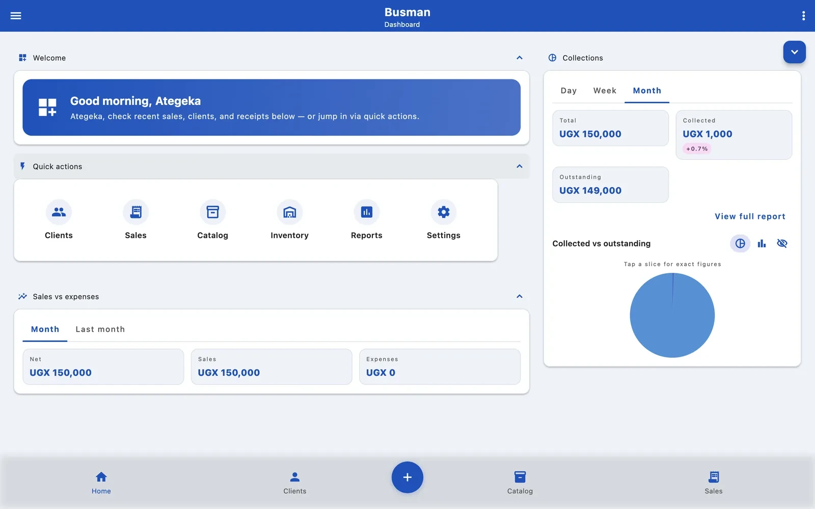 Busman Home on a tablet: quick actions, sales and collections