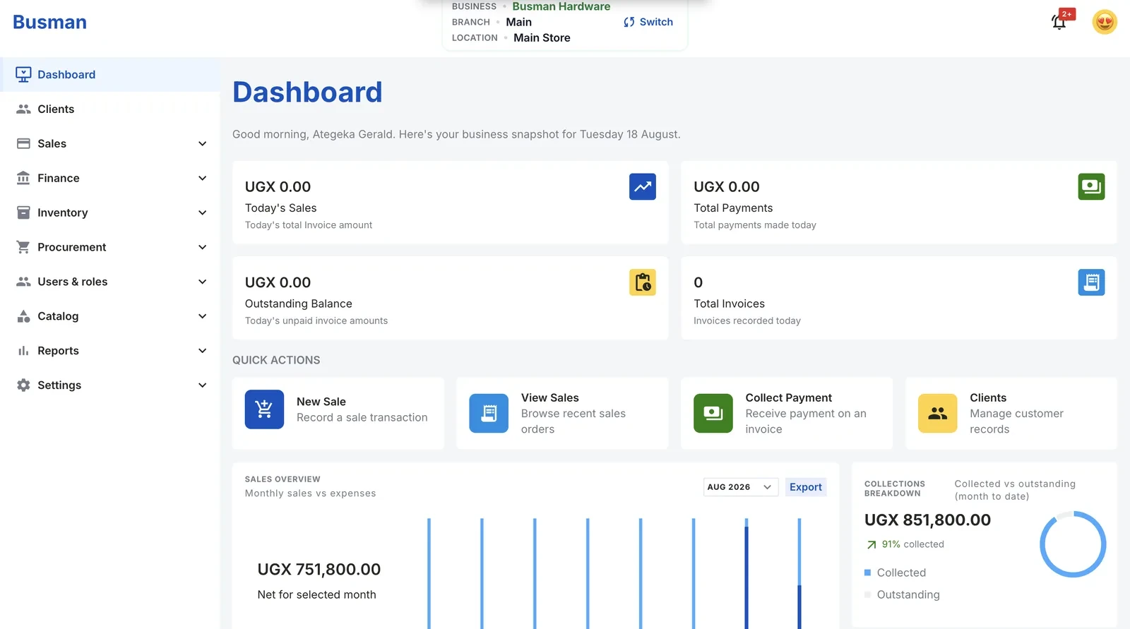 Busman dashboard in the browser with business, branch and location